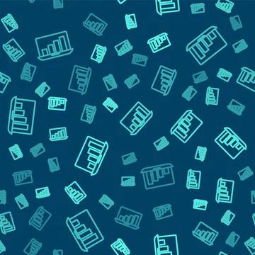 Green line Laptop with graph chart icon isolated seamless pattern on blue Stock Illustration