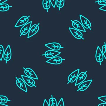 Green line Leaf icon isolated seamless pattern on blue background. Leaves sign Stock Illustration