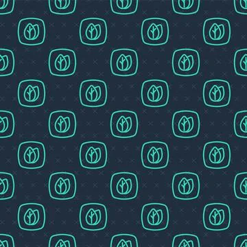 Green line Leaf icon isolated seamless pattern on blue background. Leaves sign イラスト素材
