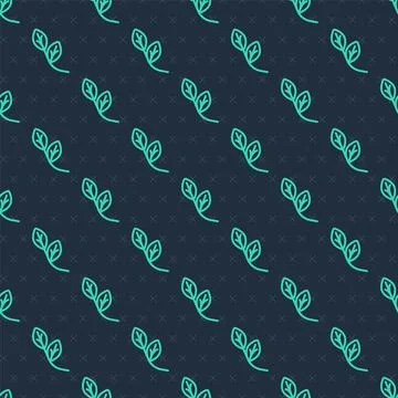 Green line Leaf icon isolated seamless pattern on blue background. Leaves sign Stock Illustration