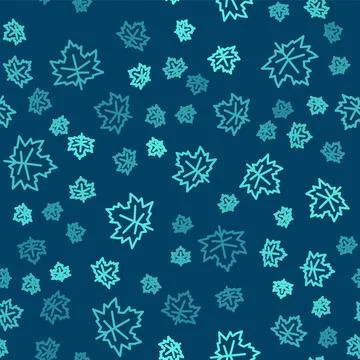 Green line Leaf icon isolated seamless pattern on blue background. Leaves sig イラスト素材