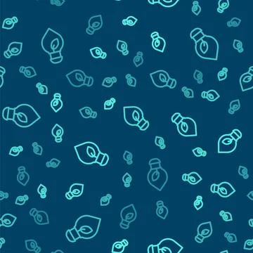 Green line Light bulb with leaf icon isolated seamless pattern on blue Stock Illustration