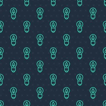 Green line Light bulb with leaf icon isolated seamless pattern on blue 스톡 일러스트