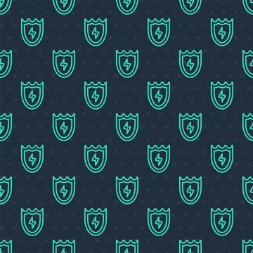 Green line Lightning and shield icon isolated seamless pattern on blue Illustrazione stock