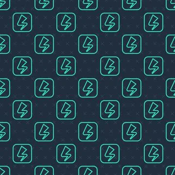 Green line Lightning bolt icon isolated seamless pattern on blue background Stock Illustration