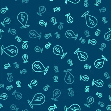 Green line Lightning bolt icon isolated seamless pattern on blue background Stock Illustration