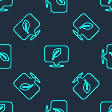 Green line Location with leaf icon isolated seamless pattern on blue background Stock Illustration