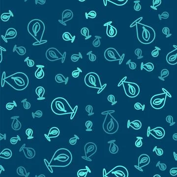 Green line Location with leaf icon isolated seamless pattern on blue background Stock Illustration
