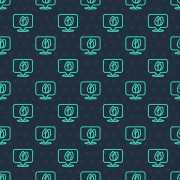 Green line Location pin with leaf inside icon isolated seamless pattern on blue Stock Illustration