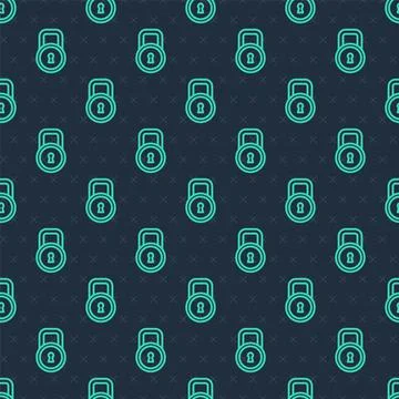 Green line Lock icon isolated seamless pattern on blue background. Padlock si Stock Illustration