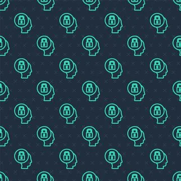 Green line Lock icon isolated seamless pattern on blue background. Padlock si Illustrazione stock