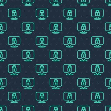 Green line Lock icon isolated seamless pattern on blue background. Padlock sign Illustrazione stock