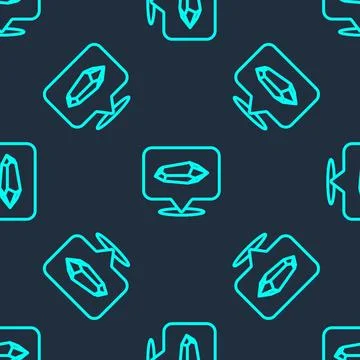 Green line Magic stone icon isolated seamless pattern on blue background. F.. Illustrazione stock