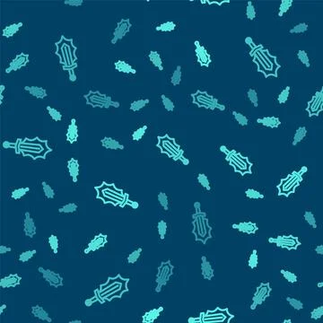 Green line Magic sword in fire icon isolated seamless pattern on blue background Illustrazione stock