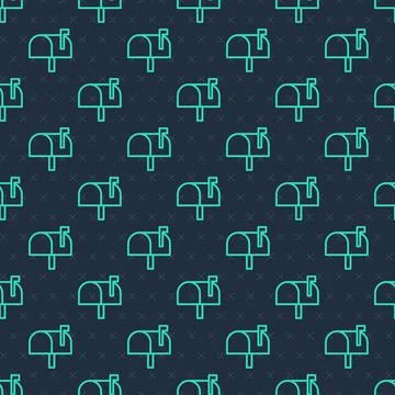 Green line Mail box icon isolated seamless pattern on blue background. Mailbox Stock Illustration