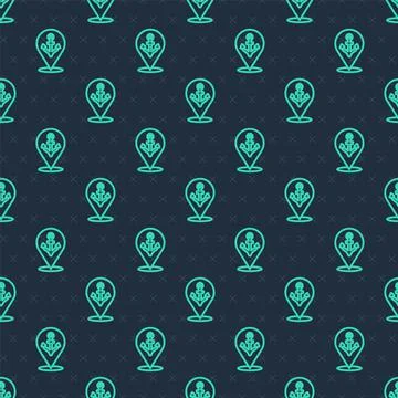 Green line Map pointer with anchor icon isolated seamless pattern on blue Stock Illustration