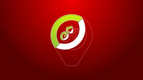 Green line Map pointer with bicycle icon isolated on red background. 4K Video Video stock 144023869