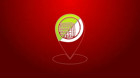 Green line Map pointer with Coliseum in Rome, Italy icon isolated on red Stock Footage 143364287