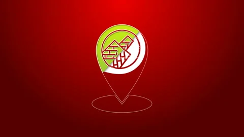 Green line Map pointer with Egypt pyramids icon isolated on red background. 4K Video stock 143364390