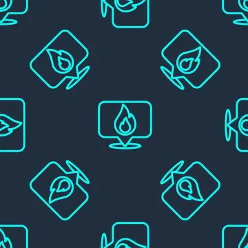 Green line Map pointer with fire flame icon isolated seamless pattern on blue Stock Illustration