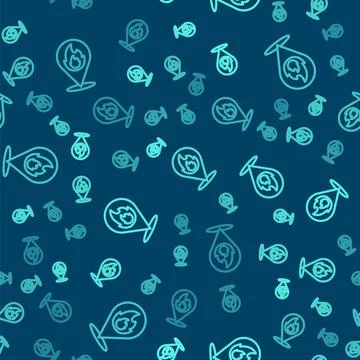Green line Map pointer with fire flame icon isolated seamless pattern on blue Stock Illustration