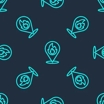 Green line Map pointer with fire flame icon isolated seamless pattern on blue Stock Illustration
