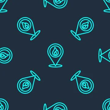 Green line Map pointer with fire flame icon isolated seamless pattern on bl.. イラスト素材
