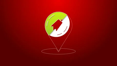 Green line Map pointer with house icon isolated on red background. Home location Stock Footage 143610596
