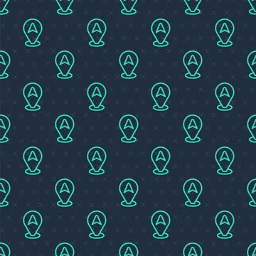 Green line Map pointer with taxi car icon isolated seamless pattern on blue b Stock Illustration