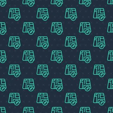 Green line Map pointer with taxi car icon isolated seamless pattern on blue.. Illustrazione stock