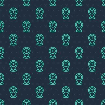 Green line Map pointer with taxi car icon isolated seamless pattern on blue Illustrazione stock