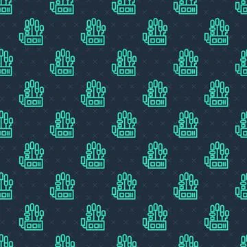 Green line Mechanical robot hand icon isolated seamless pattern on blue 스톡 일러스트