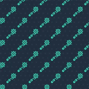 Green line Medieval chained mace ball icon isolated seamless pattern on blue Stock Illustration
