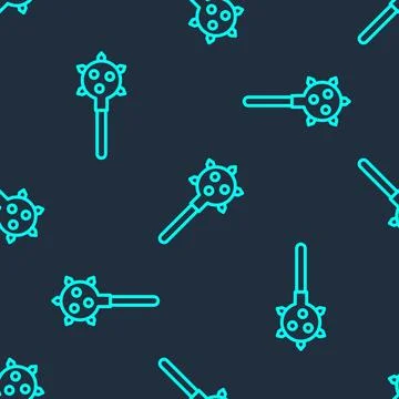 Green line Medieval chained mace ball icon isolated seamless pattern on blu.. Stock Illustration
