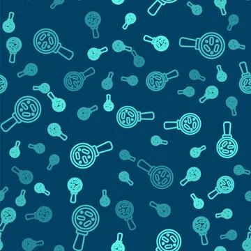 Green line Microorganisms under magnifier icon isolated seamless pattern on blue Illustrazione stock