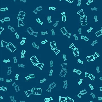Green line Microphone icon isolated seamless pattern on blue background. On.. Stock Illustration
