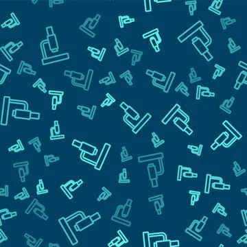 Green line Microscope icon isolated seamless pattern on blue background 库存插图
