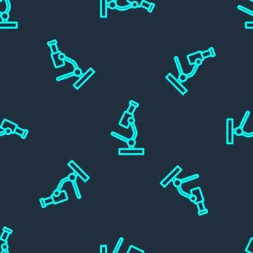 Green line Microscope icon isolated seamless pattern on blue background Stock Illustration