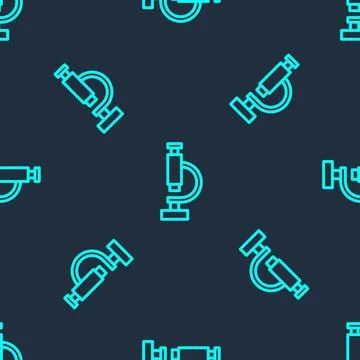 Green line Microscope icon isolated seamless pattern on blue background Stock Illustration