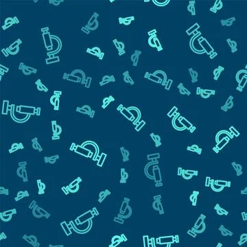 Green line Microscope icon isolated seamless pattern on blue background. Ch.. イラスト素材