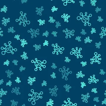Green line Molecule icon isolated seamless pattern on blue background. Structure Illustrazione stock