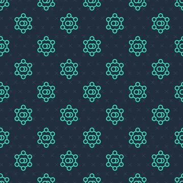 Green line Molecule icon isolated seamless pattern on blue background. Structure イラスト素材
