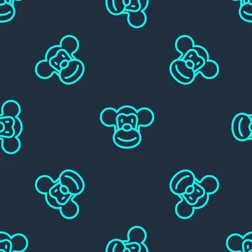 Green line Monkey icon isolated seamless pattern on blue background. Animal 스톡 일러스트