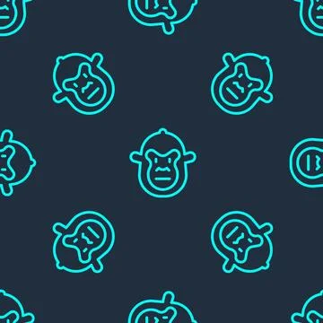 Green line Monkey icon isolated seamless pattern on blue background. Animal s 스톡 일러스트