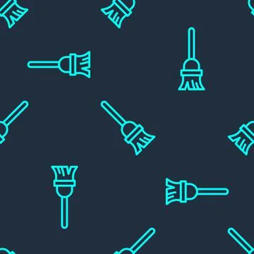 Green line Mop icon isolated seamless pattern on blue background. Cleaning Illustrazione stock