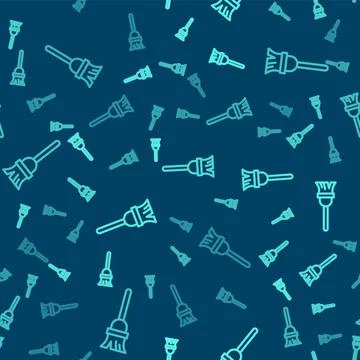 Green line Mop icon isolated seamless pattern on blue background. Cleaning Illustrazione stock