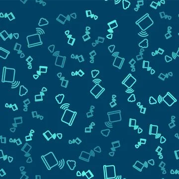 Green line Network cloud connection icon isolated seamless pattern on blue 스톡 일러스트