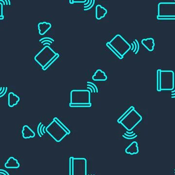 Green line Network cloud connection icon isolated seamless pattern on blue Stockillustratie