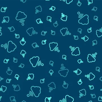 Green line Network cloud connection icon isolated seamless pattern on blue .. 스톡 일러스트