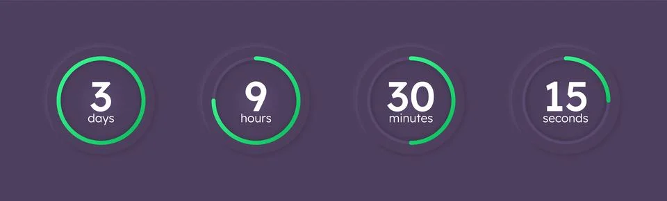 Green line neumorphism countdown timer set on dark background 스톡 일러스트